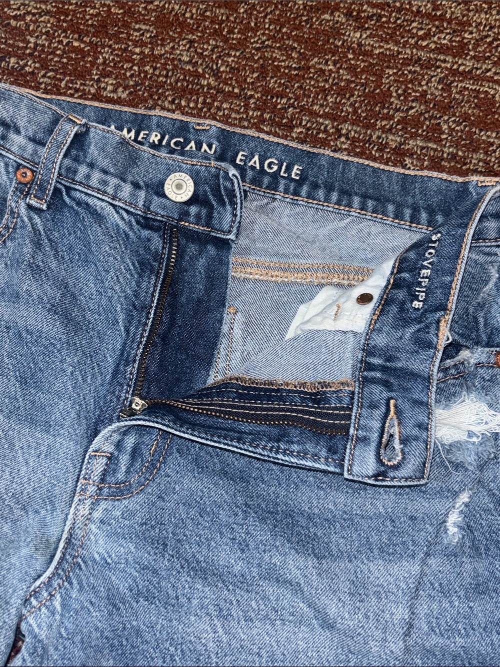 American Eagle stovepipe jeans wide leg mid rise medium wash distressed size 6 - Picture 8 of 15